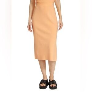 PAIGE Elana Rib Knit Midi Skirt in Light Orange Peel